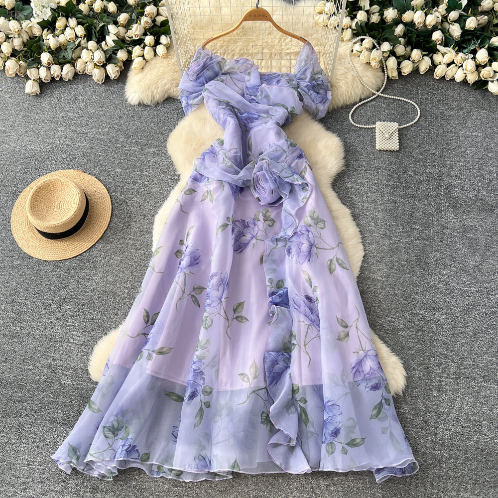 French chic high-end 3d floral ruched waist ruffle mesh dress - elegant women's evening gown maxi dress