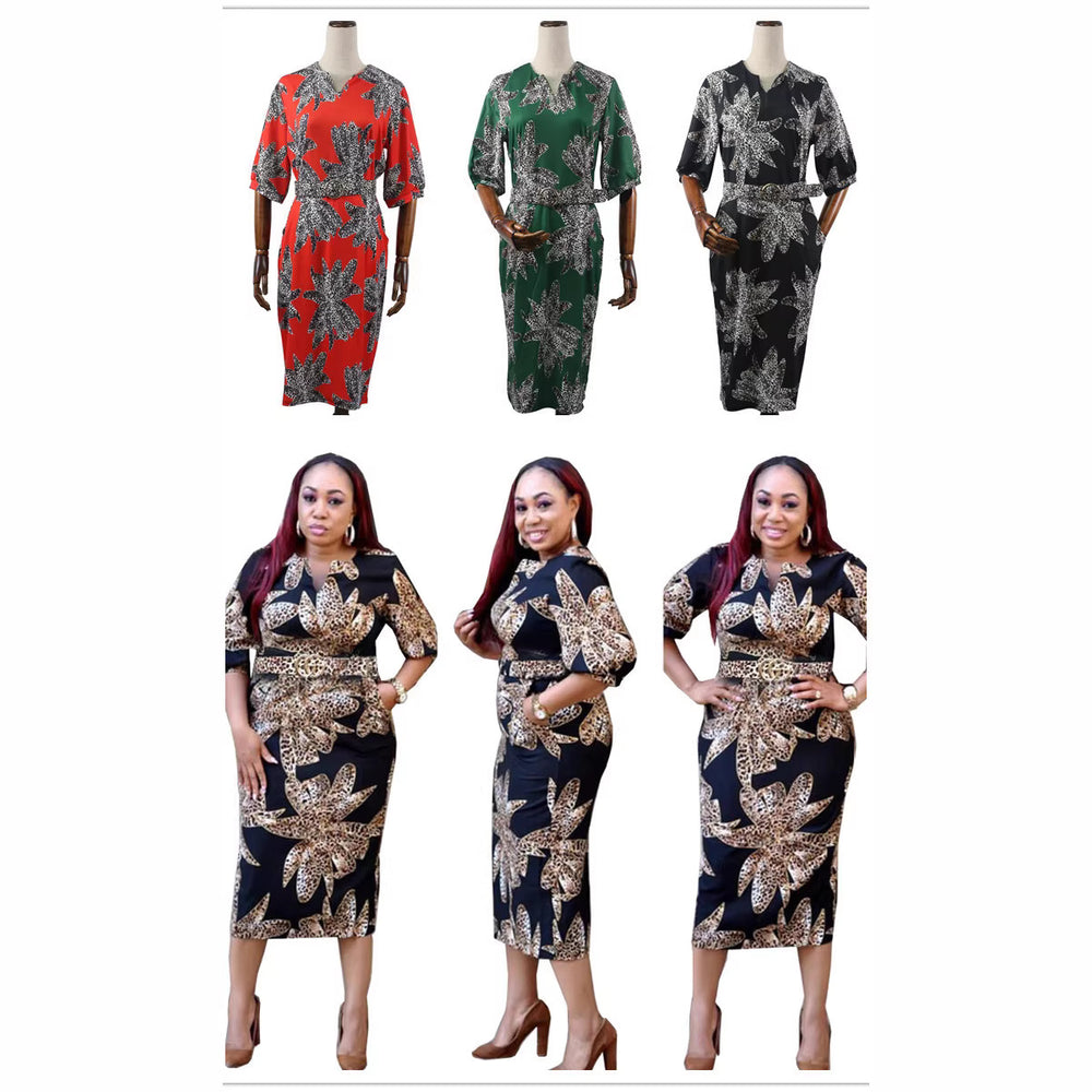 African clothing plus size women's leopard print dress slim fit bodycon midi dress with belt and ruffle sleeves