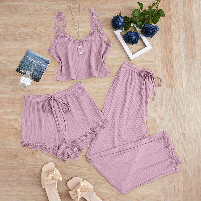 cross-border hot seller: new summer lace trim cami top, shorts, and long-sleeve women's pajama three-piece set - perfect for loungewear or light outings