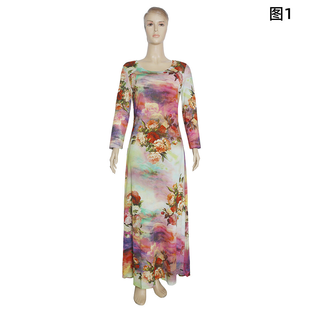african plus size women's clothing:  &  printed round neck slimming a-line dress