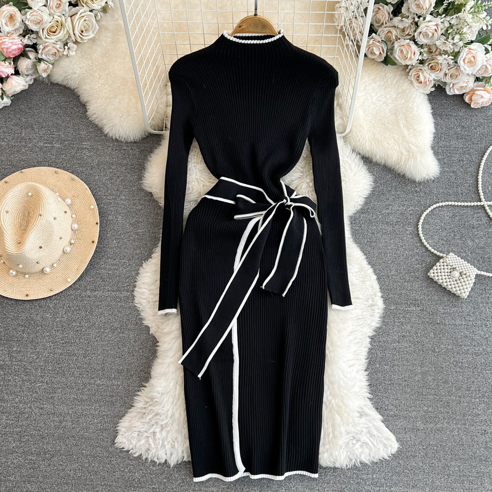 Fall and winter korean chiccontrast colorlong sleeves stand collar waist slimming look medium longtie back hip-covering bottom knittingdress