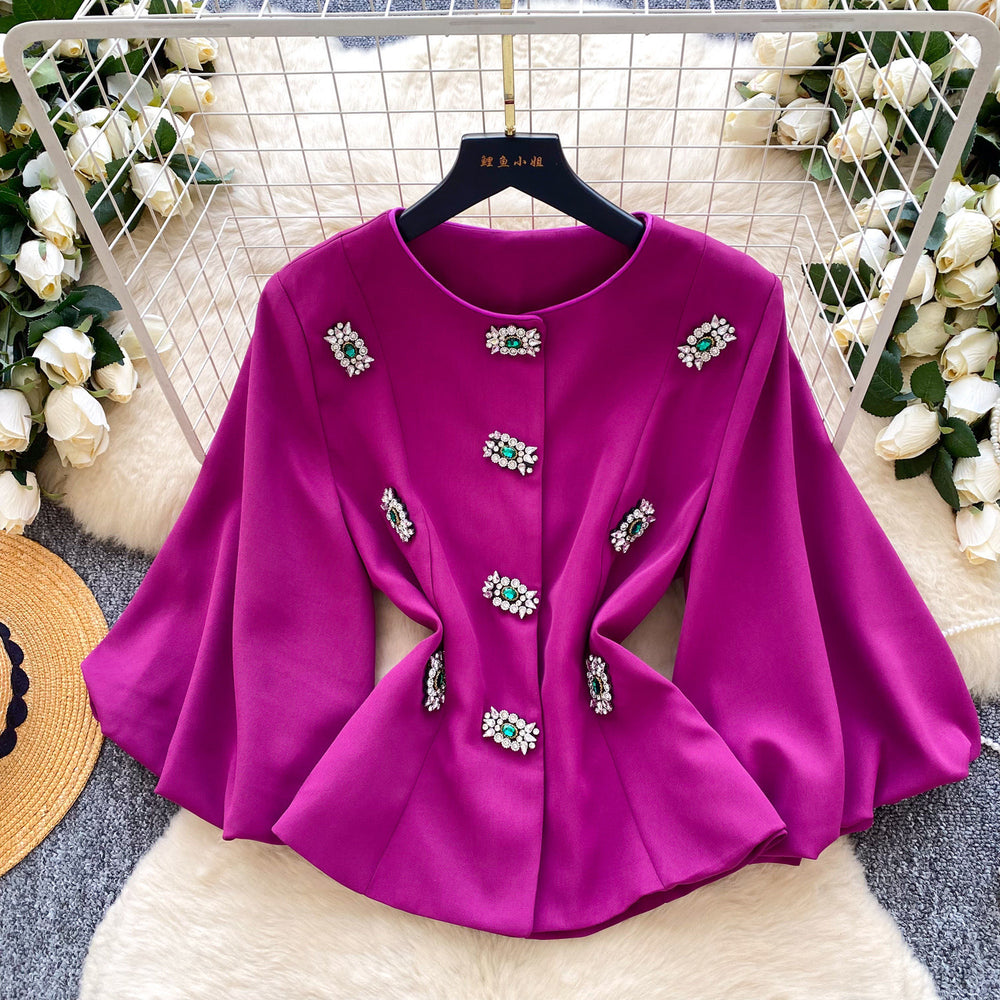 Xiaoxiangfeng celebrityclassy heavy industry diamond round neck lantern sleeve waist outwear women's autumfrencheasiest for matchtops