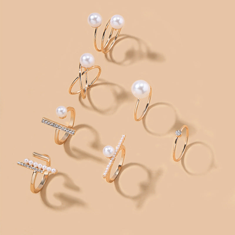 Wholesale alloy rings: european & american cross-border jewelry, women's high-end fashion, french minimalist pearl stacking ring set