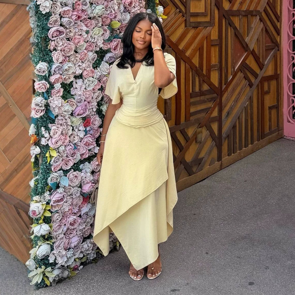 European and american women's clothing  autumn new collection: sweet and fresh v-neck batwing sleeve short-sleeve high-waisted slimming maxi dress