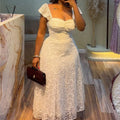 European and american cross-border women's fashion:  summer new arrival - elegant square neck, high-waisted, lace a-line midi/maxi short-sleeve dress