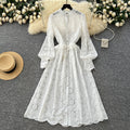French fashion heavy industry cut outembroider round neck long sleeves single breasted dress women's bottoming shorts two-piece set