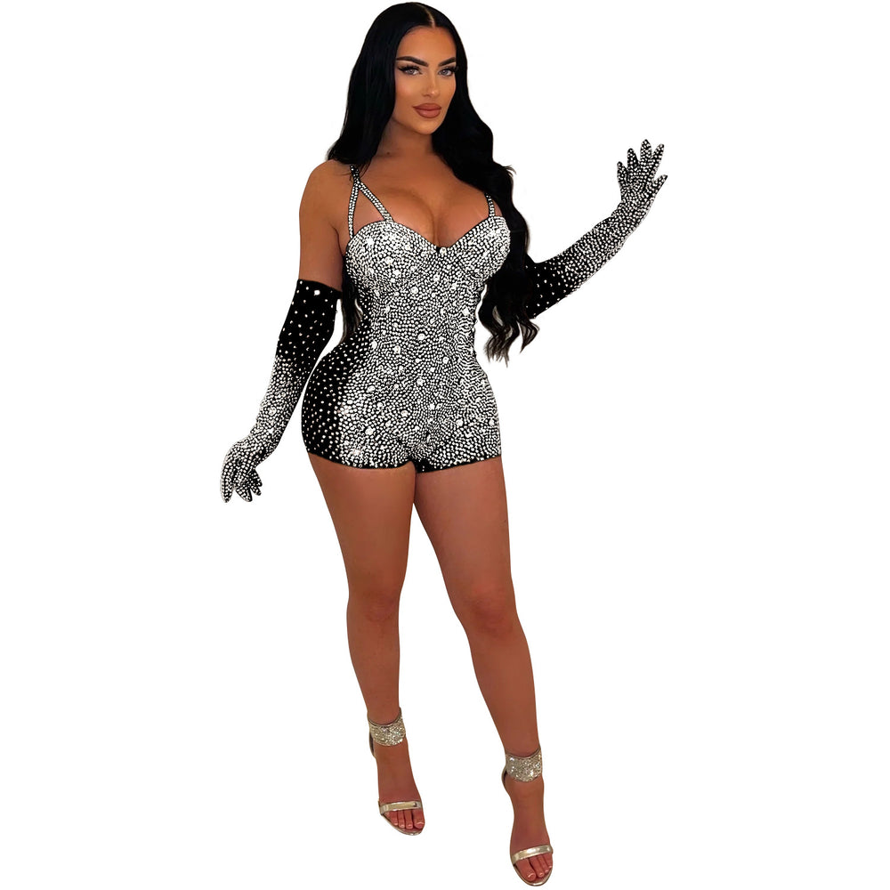 C6902 cross-border   fashion women's solid color mesh rhinestone see-through shorts jumpsuit