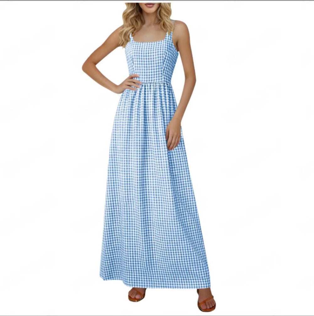 cross-border summer women's plaid square neck a-line casual beach vacation long sundress