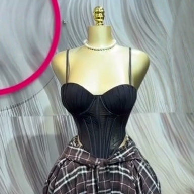 Fashion cross-border women's clothing  summer new style eleganttube top fishbone suspender plaid asymmetrical skirt suit