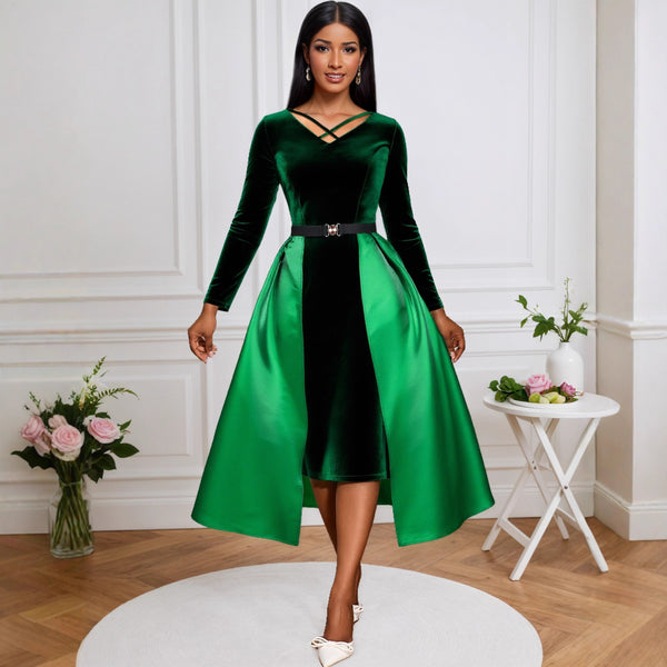 Velvet stitched satin two-piece dress, vintage removable waist buckle A pendulum V-neck banquet dress dresses