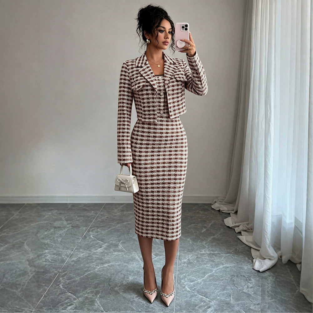 Exportfashionaccessible luxurywork clothing bouclé suitlong sleeves lapelshortoutwearmatching silm suspender slimming look skirt
