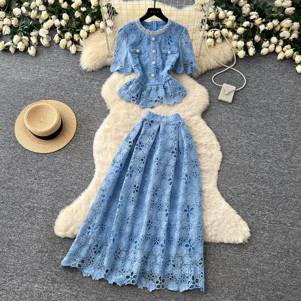 French chic lace bubble sleeve top & high-waisted midi skirt two-piece set -  summer slimming outfit