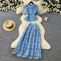 French chic lace bubble sleeve top & high-waisted midi skirt two-piece set -  summer slimming outfit