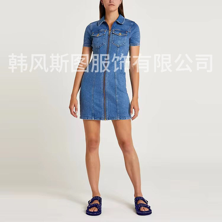 new summer european and american fashion trend lapel denim dress
