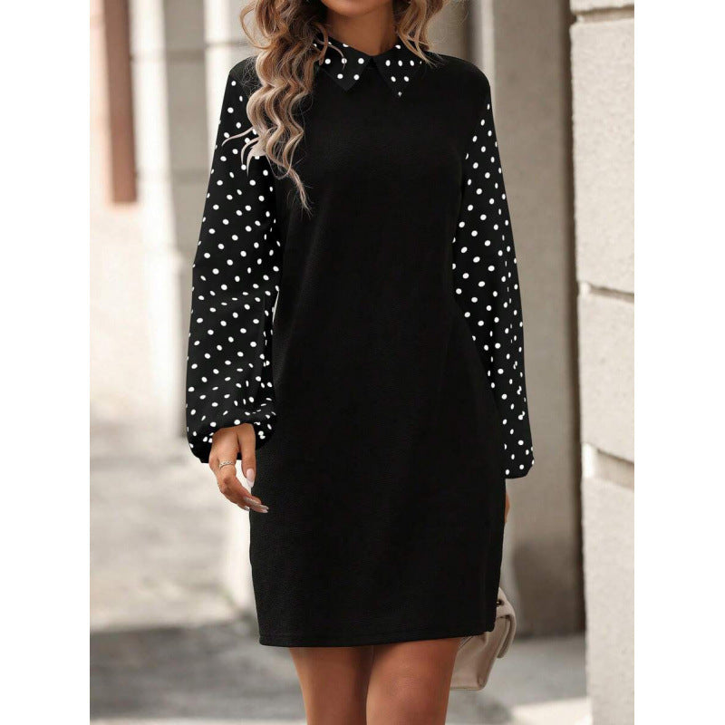 fashion  autumn new arrival polo collar polka dot printing lantern sleeve elegantshortdress