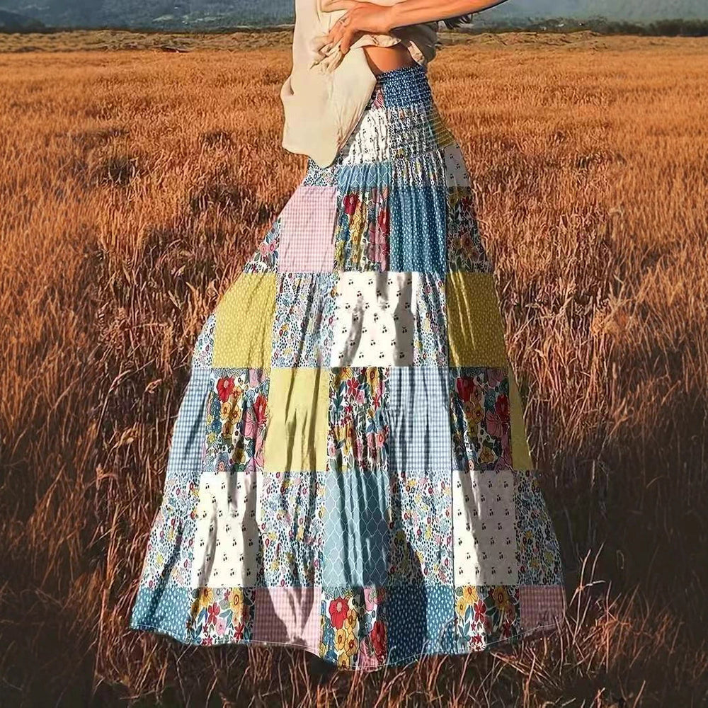 2025 european and american amazon cross-border printed patchwork women's fashion floral midi/maxi skirt