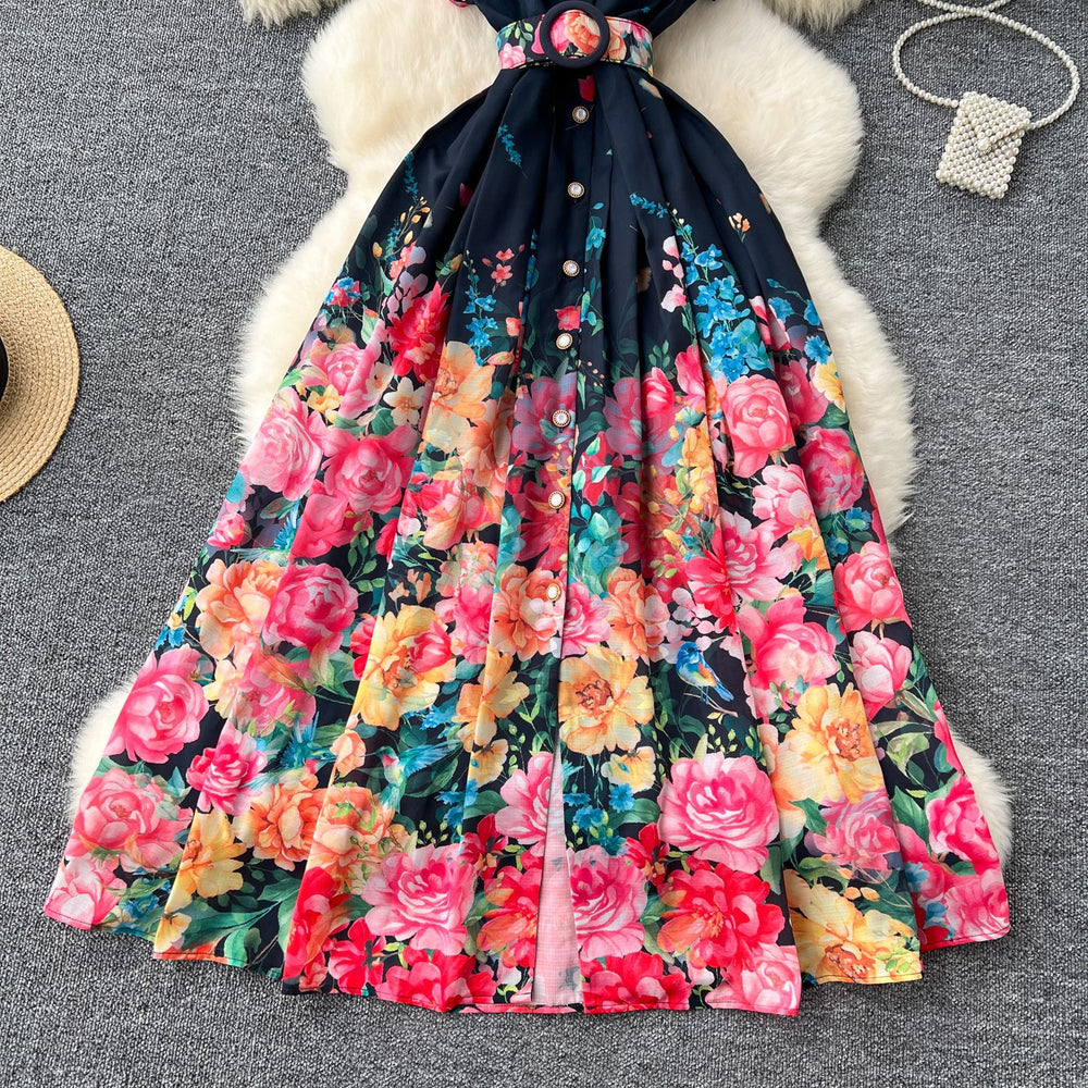 European and american retro dress women's summer new arrival - elegant, figure-flattering, single-breasted, collared, printed midi dress/gown