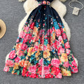 European and american retro dress women's summer new arrival - elegant, figure-flattering, single-breasted, collared, printed midi dress/gown