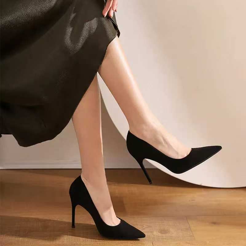 Women's high heels - new spring/autumn 2024 collection: black stiletto pointed-toe pumps, suede professional shoes, plus size available, export quality, formal/office shoes