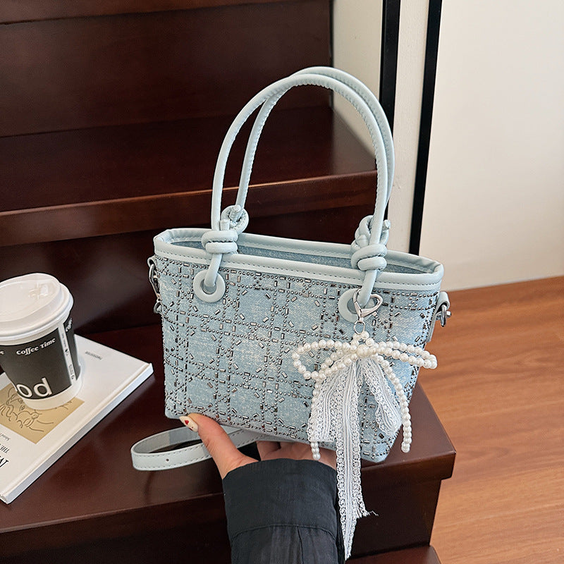 High value foreign style bucket bag women's 2025 new popular diamond-encrusted cloth bag messenger bag temperament commuter shoulder bag