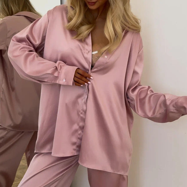 2025 autumn new product elegant temperament loose satin two-piece set drape long-sleeved top shorts loungewear two wear