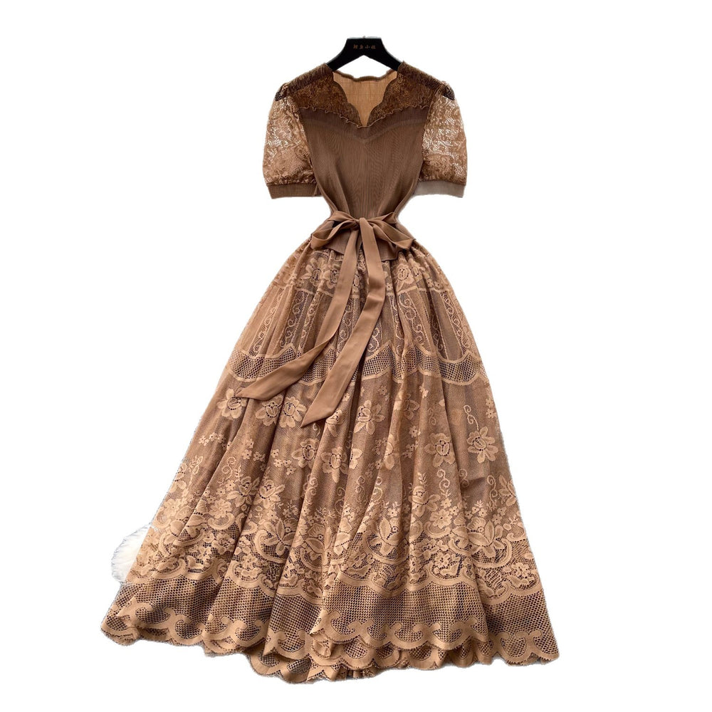 Retrolacecut out pure desire style a-line dress women's summer k-style waist slimming lookclassyelegant long skirt