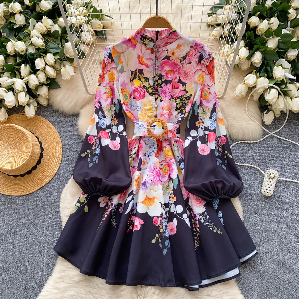 new resort style women's dress - french chic stand collar, single-breasted button, cinched waist, lantern sleeves, printed a-line dress
