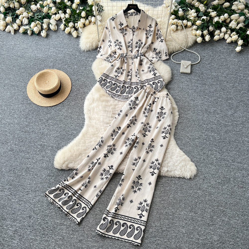 Commuting style printing lapel casualtwo-piece set women's summerretrolong sleeves waist slimming lookeasiest for matchelegantsuit