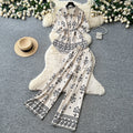 Commuting style printing lapel casualtwo-piece set women's summerretrolong sleeves waist slimming lookeasiest for matchelegantsuit