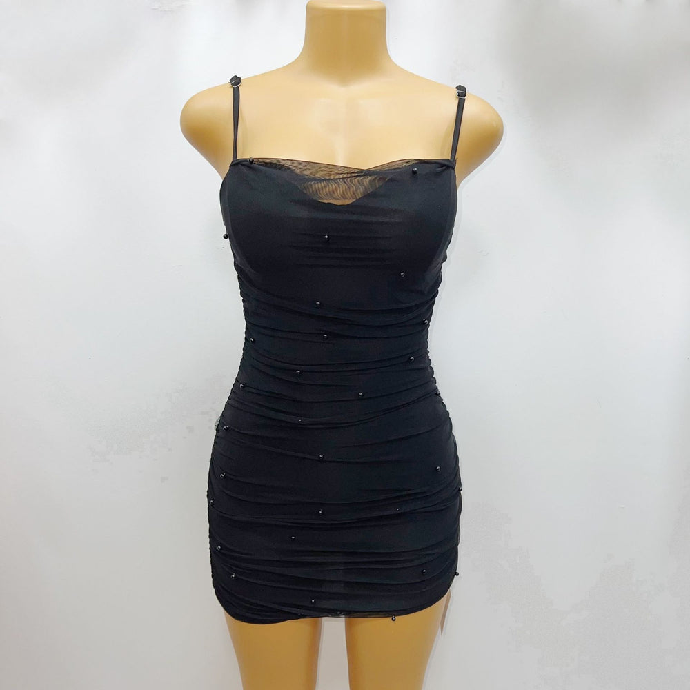 fashioninsfashion elastic mesh suspender pearl sexy silmshortdress
