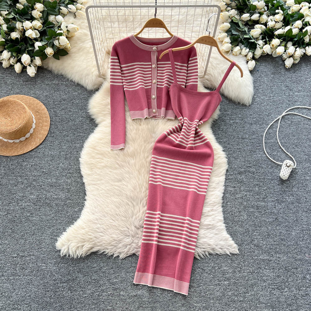 Autumn outfit set for women: high-end, fashionable color block striped knit cardigan with cinched waist cami bodycon dress