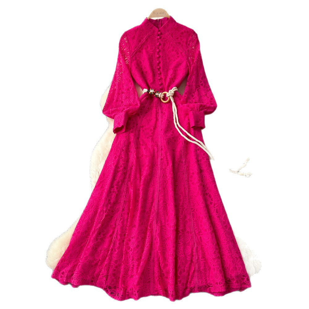 French chic red lace cutout dress - women's spring long sleeve a-line midi dress - slim fit, waist defining, perfect for work