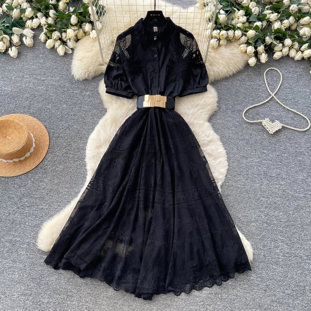 French romantic pink hollow-out lace dress - women's summer a-line maxi dress with cinched waist - high-end elegant style