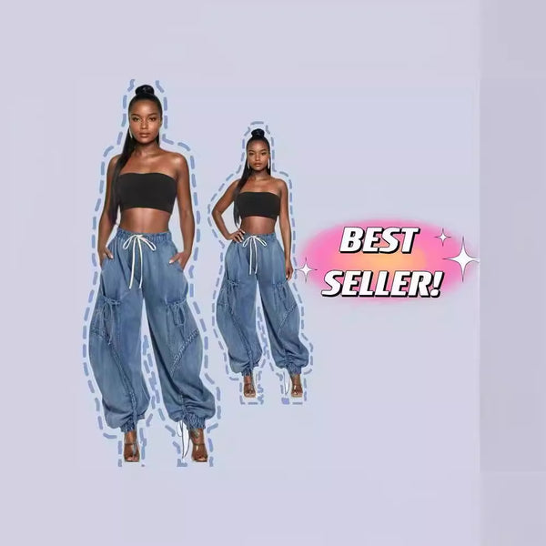 The rope can be twitched, the elastic waist drawstring is tied, the bow is loose and thin, and the jeans are women's casual trousers.