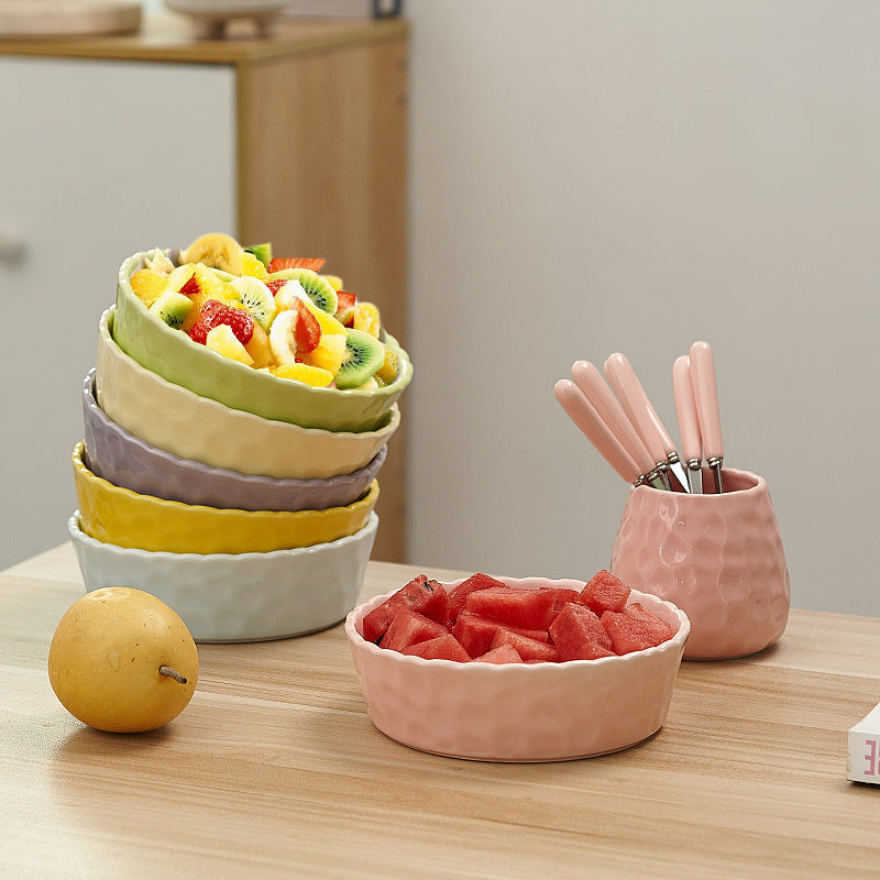 New arrival cream style pure color ceramic bowl hammer pattern design underglaze color fruit bowl for home high-looking salad bowl wholesale