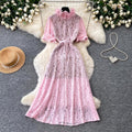 French romantic pink lace dress - women's summer high-waisted a-line maxi dress - commute-friendly, elegant, and chic