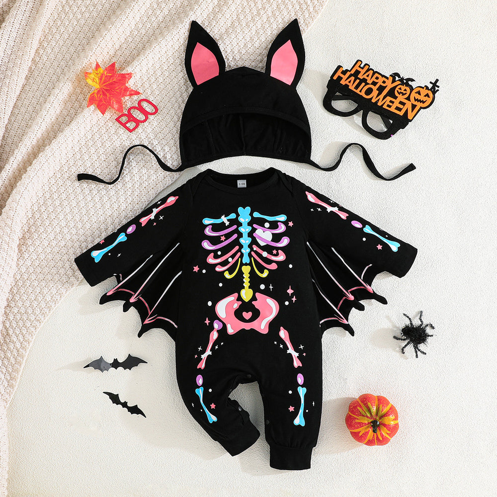 new halloween baby costume: skeleton & bat long-sleeve romper with hat
