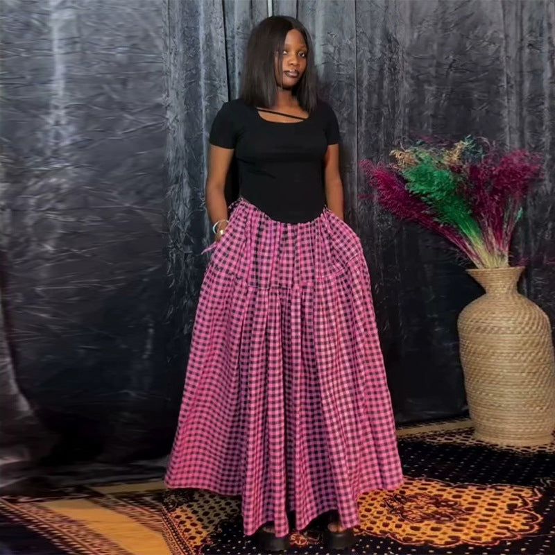 European and american cross-border women's fashion:  summer new arrivals - high-waisted, slimming, plaid, long, a-line midi skirt