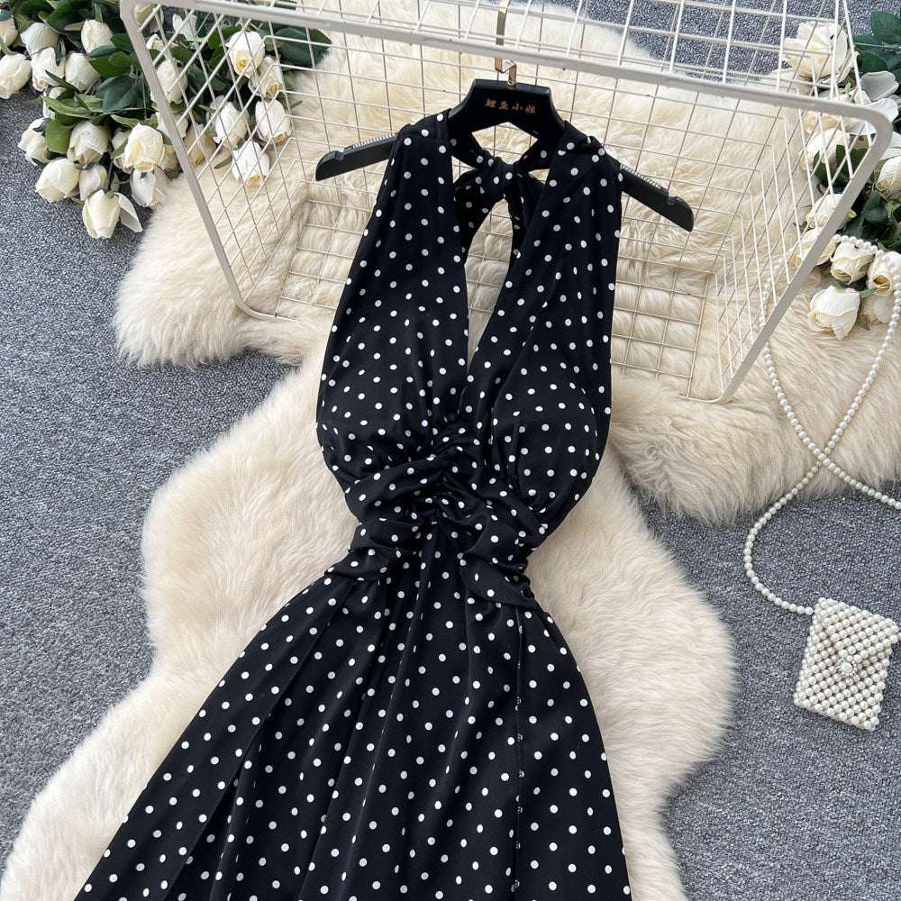 French halter polka dot pure desire backless dress women's summer v neck waist elegant vacation style elegant long skirt