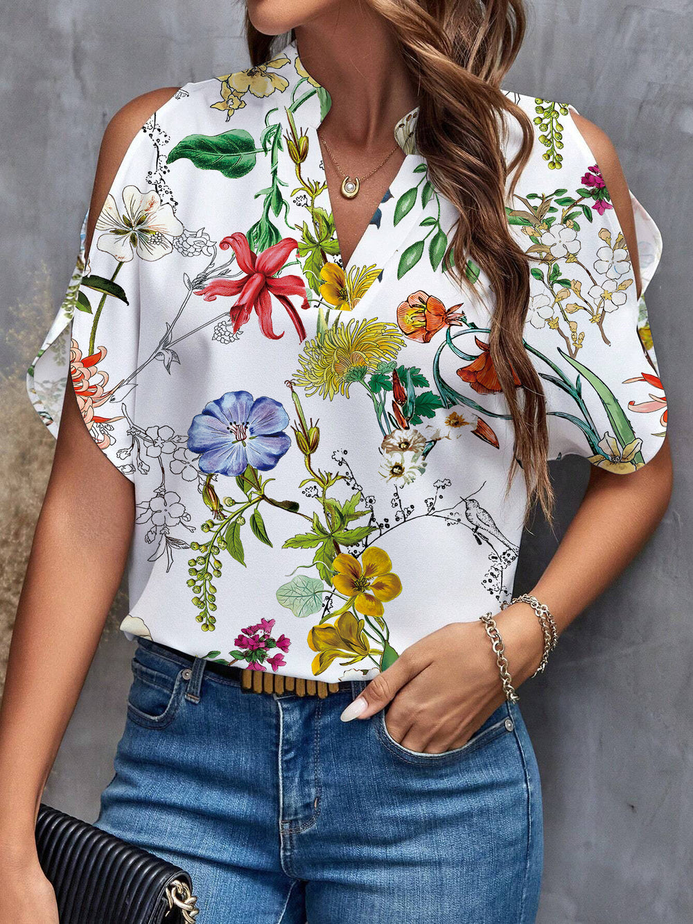 Amazon fashion cross-border women's clothing 2024 summer new print v-neck elegant fashion off-shoulder sleeve women's top