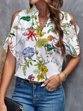 Amazon fashion cross-border women's clothing 2024 summer new print v-neck elegant fashion off-shoulder sleeve women's top