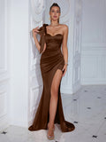 new cross-border  fashion off-the-shoulder slit maxi dress sexy evening gown solid color dress