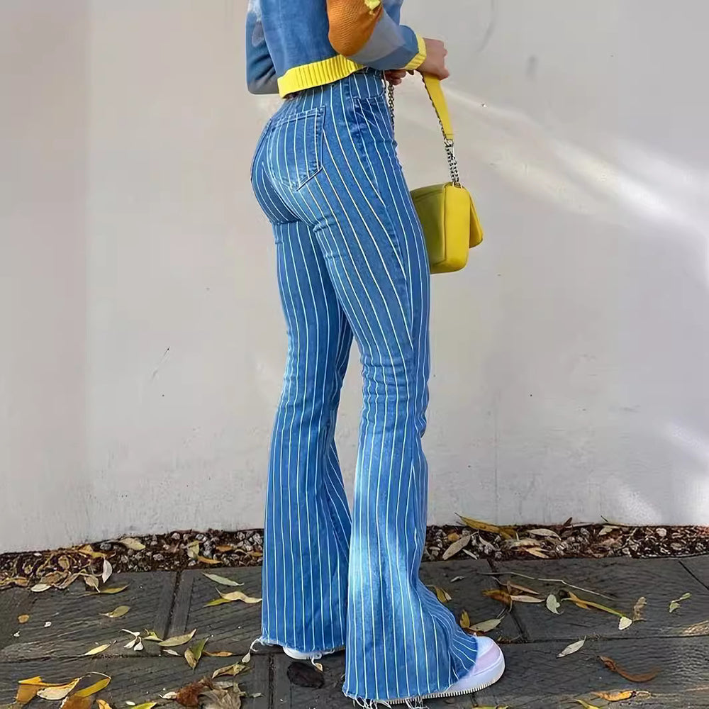 European and american striped denim jeans for women - new arrival, elegant commute style, stretchy micro flare pants, high-waisted raw hem jeans