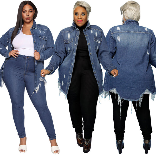MY865   European and American spot fashion large size women's jacket cardigan hole wash denim trench coat