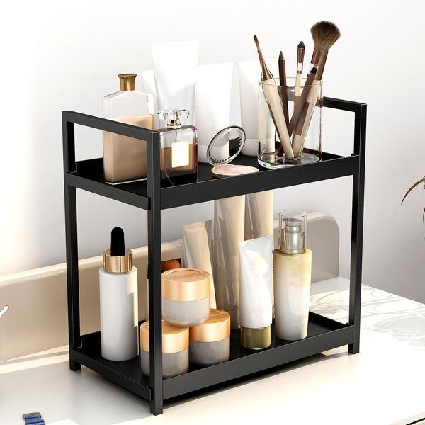 Double-layer desktop storage rack, kitchen plastic finishing rack, bathroom countertop, perfume, cosmetics shelf, vanity rack.