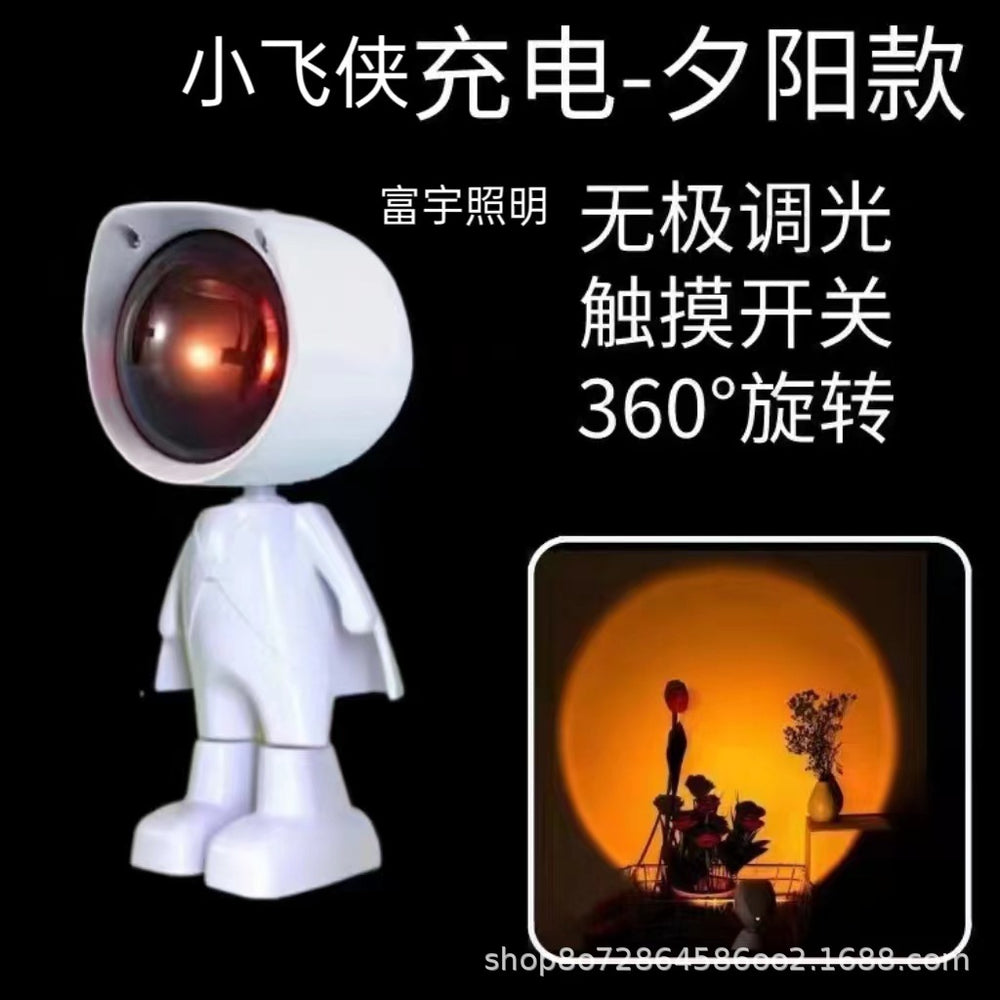 Easy-to-carry little flying man rainbow astronaut sunset lamp - trendy sunset projection night light for bedroom ambiance & photoshoots