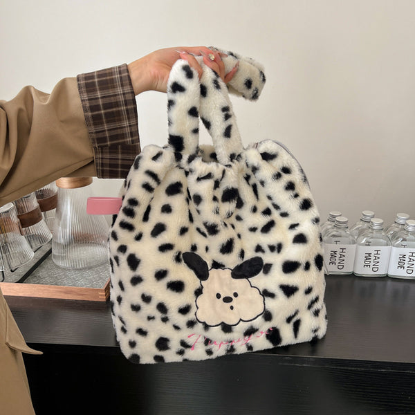 New autumn and winter cute leopard print puppy embroidery plush polka dot large capacity shoulder bag underarm tote bag female