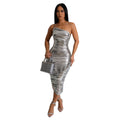 C6738 cross-border   fashion women's solid color sexy camisole slant neck ruched dress