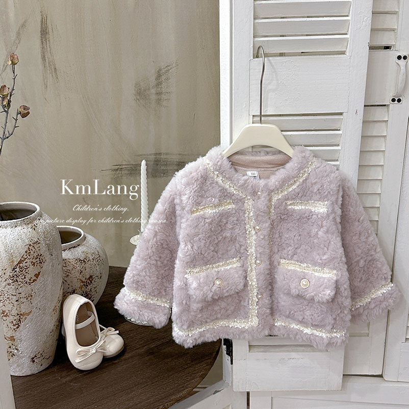 Girloutwear small fragrant soft waxy wool sweater little girl pink purple kids celebrity winter clothing