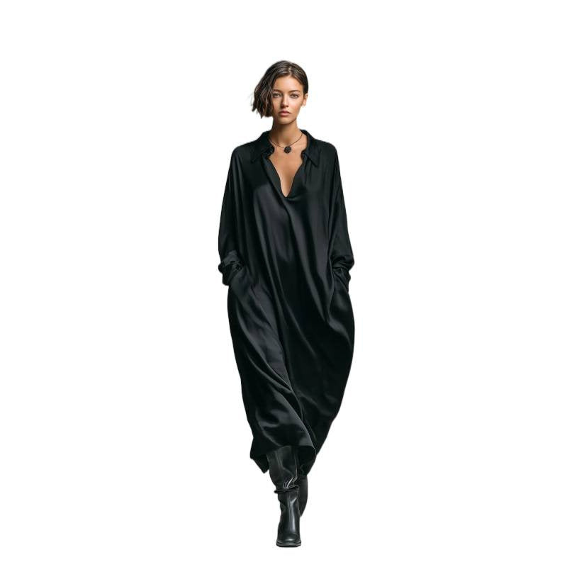 European and american cross-border new solid color satin long sleeve shirt dress